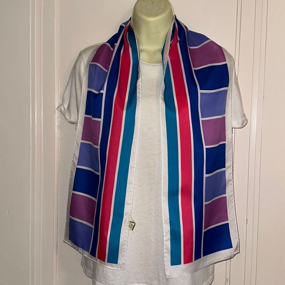 Vtg mid century Morsly Handkerchief Co multi color stripes & blocks long scarf‎